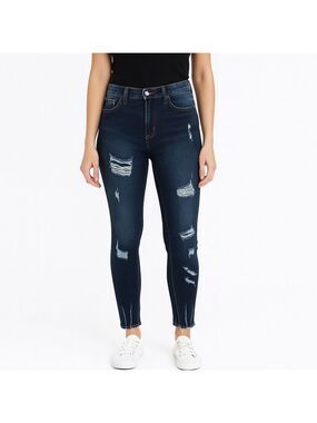 Guess Dark Wash Distressed Destroyed Ripped Knee High Rise Blue Denim Cr…